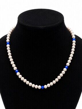 Vintage Faux Pearl & Blue Bead Necklace Hand Knotted Classic Elegant Jewelry